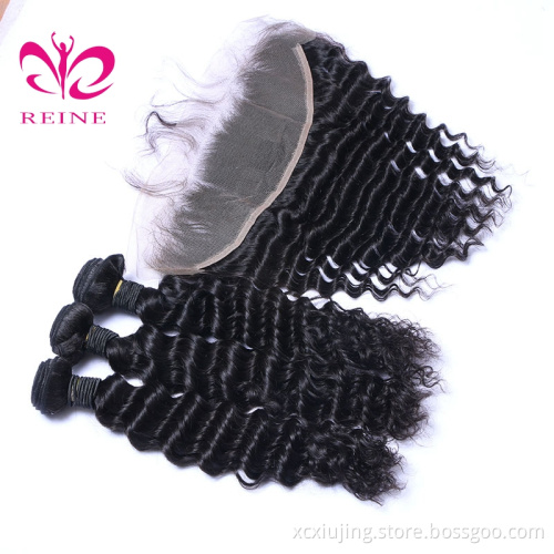 REINE Brazilian Malaysian Peruvian Virgin Hair Weaves 3 Bundles with Lace Frontal  Deep Wave 9A Indian Cambodian Remy Human Hair